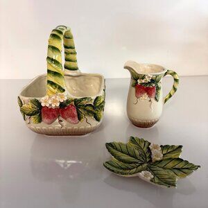Takahashi Strawberry Ceramic Basket Creamer Leaf Dish Cottagecore Set Vintage